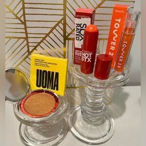 UOMA Highlighter, Smashbox Blush stick, Tower 28 lip gloss Set - Peach Gold